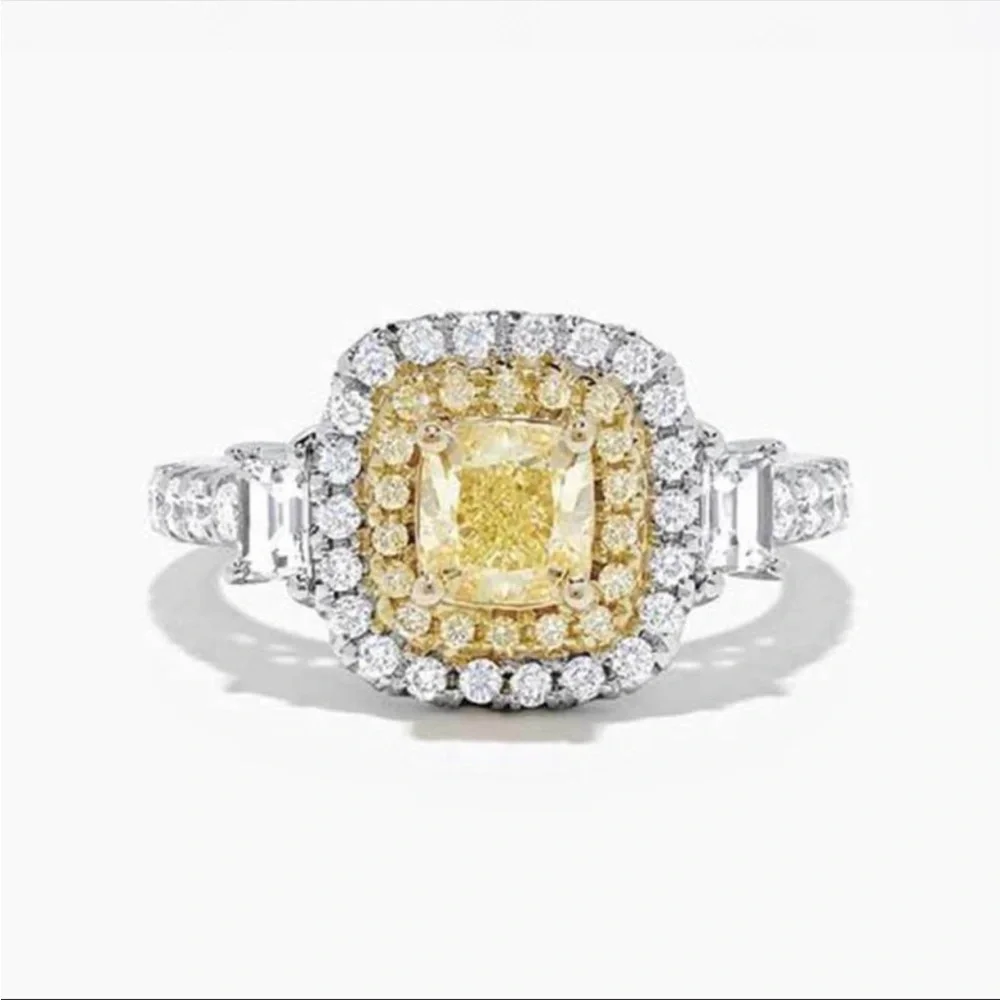 New Women’s 925 Silver Square Shape Yellow Crystal Diamond Ring - Picture 2 of 7